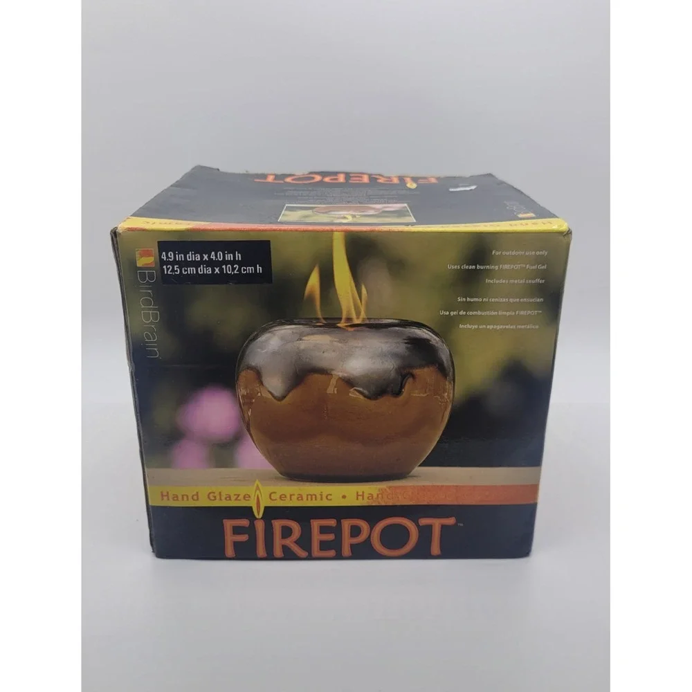 BirdBrain Firepot Hand Glazed Ceramic Outdoor Gel Fuel Fire Pot Brown Metallic